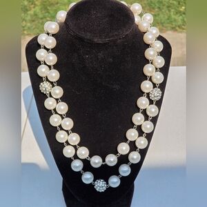Lrg white faux pearl & bling disco ball double strand necklace